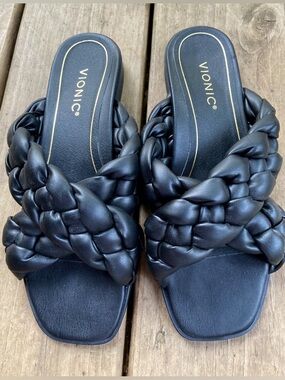 Vionic Kalina Women's Black Braided Slide Sandals Summer Beach Sandals NWOT